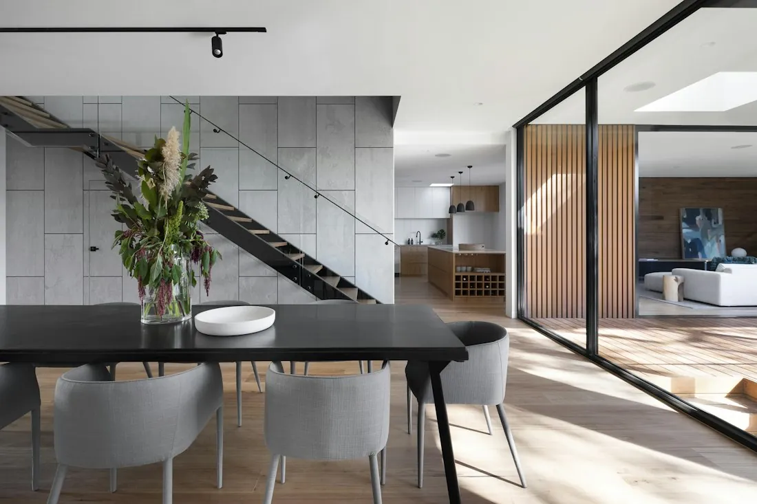 Bright residential interior with warm natural finishes
